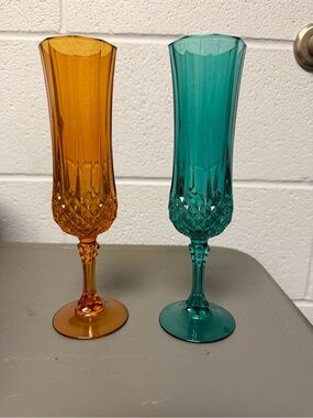 Colored Crystal Flute Glasses - Amber and Teal Set